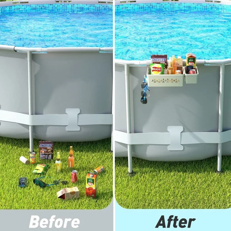 Poolside Plastic Storage Basket Swimming Pool Hanging Organizer with Drink Holder - Grey
