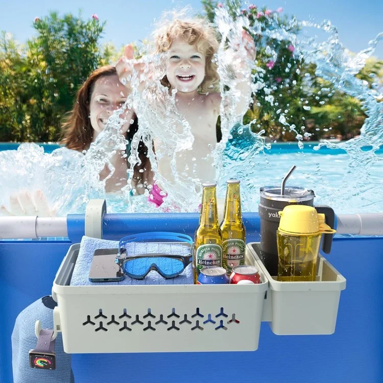 Poolside Plastic Storage Basket Swimming Pool Hanging Organizer with Drink Holder - Grey