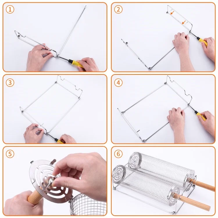04 Stainless Steel Round Grill Basket Wooden Handle Rolling Grilling Net Cage Accessories Kit (BPA Free, No FDA) - Style A