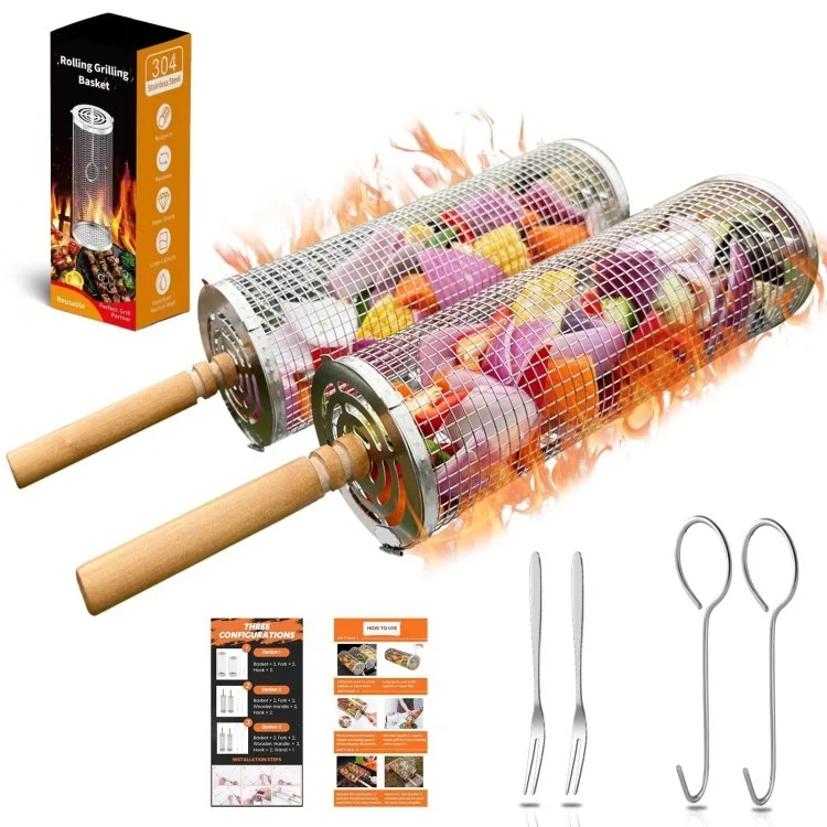 04 Stainless Steel Round Grill Basket Wooden Handle Rolling Grilling Net Cage Accessories Kit (BPA Free, No FDA) - Style A