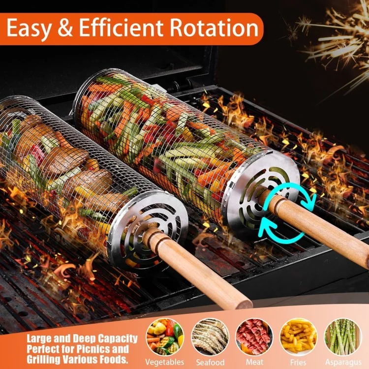 04 Stainless Steel Round Grill Basket Wooden Handle Rolling Grilling Net Cage Accessories Kit (BPA Free, No FDA) - Style A
