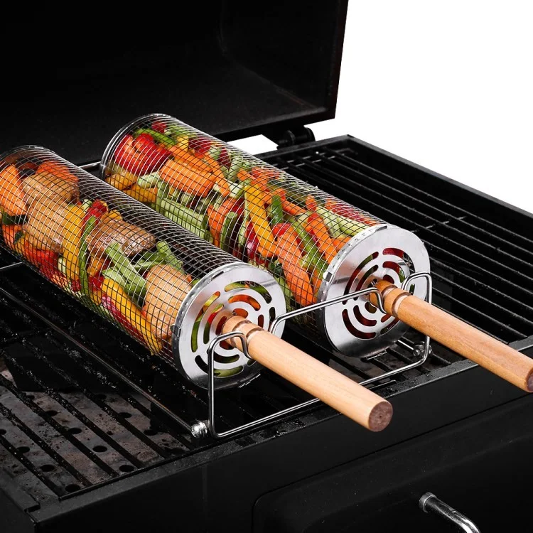 04 Stainless Steel Round Grill Basket Wooden Handle Rolling Grilling Net Cage Accessories Kit (BPA Free, No FDA) - Style A