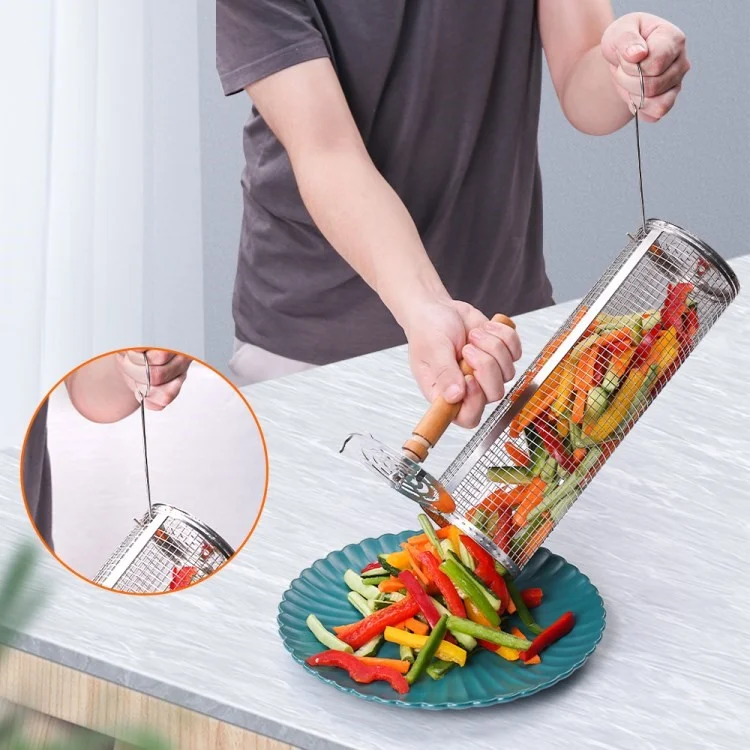 04 Stainless Steel Round Grill Basket Wooden Handle Rolling Grilling Net Cage Accessories Kit (BPA Free, No FDA) - Style A