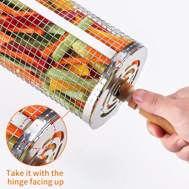 04 Stainless Steel Round Grill Basket Wooden Handle Rolling Grilling Net Cage Accessories Kit (BPA Free, No FDA) - Style A