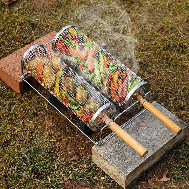 04 Stainless Steel Round Grill Basket Wooden Handle Rolling Grilling Net Cage Accessories Kit (BPA Free, No FDA) - Style A