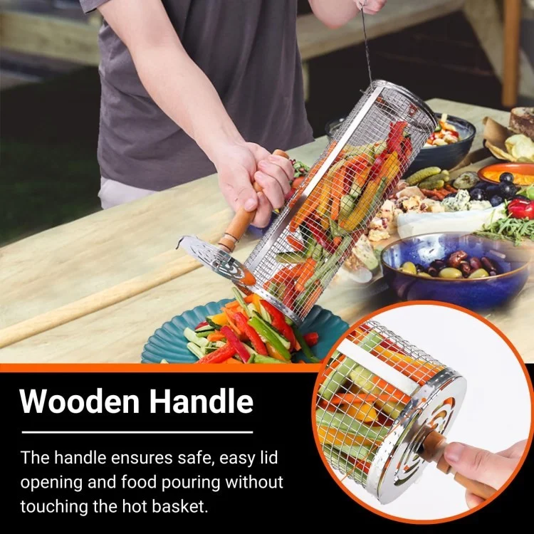 04 Stainless Steel Round Grill Basket Wooden Handle Rolling Grilling Net Cage Accessories Kit (BPA Free, No FDA) - Style A