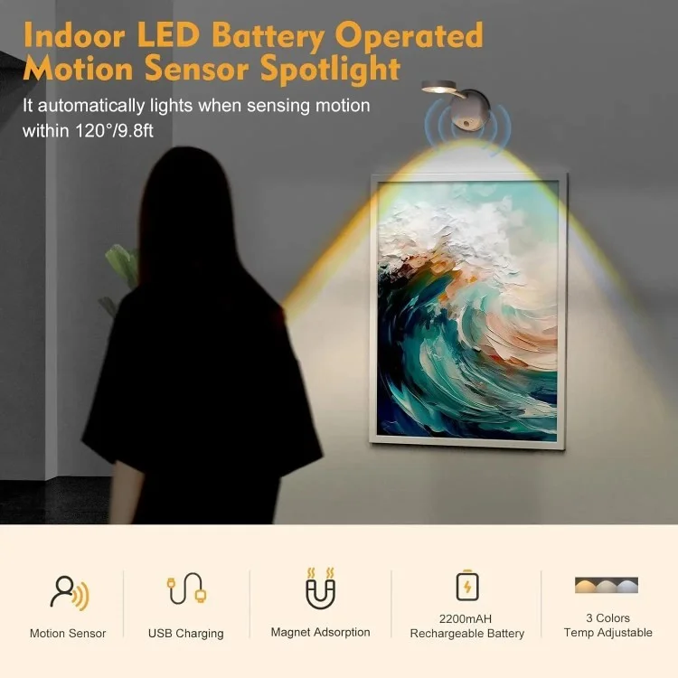 Spotlight Ricaricabile Spot Elettrico Free Electric Light da Parete Interno Spotlight Smart LED Body Sensor Lample - Bianco