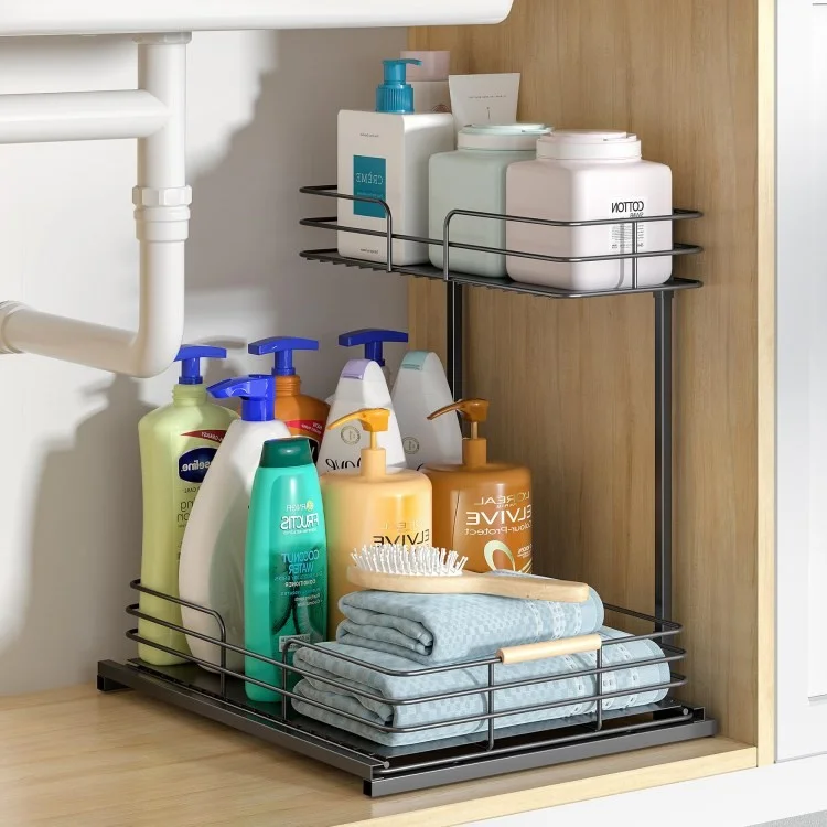 Doppelschichtküchenschrank Rack Unter Waschbecken Lager Rack Küche Arbeitsplatte Aufbewahrungsschublade Rack - Schwarz