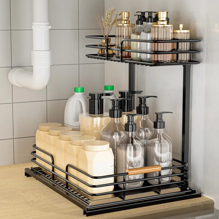 Doppelschichtküchenschrank Rack Unter Waschbecken Lager Rack Küche Arbeitsplatte Aufbewahrungsschublade Rack - Schwarz