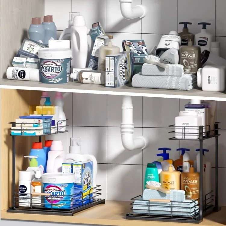 Doppelschichtküchenschrank Rack Unter Waschbecken Lager Rack Küche Arbeitsplatte Aufbewahrungsschublade Rack - Schwarz