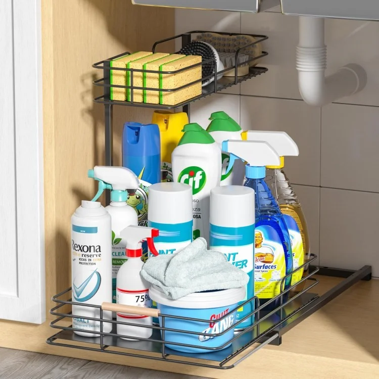 Doppelschichtküchenschrank Rack Unter Waschbecken Lager Rack Küche Arbeitsplatte Aufbewahrungsschublade Rack - Schwarz