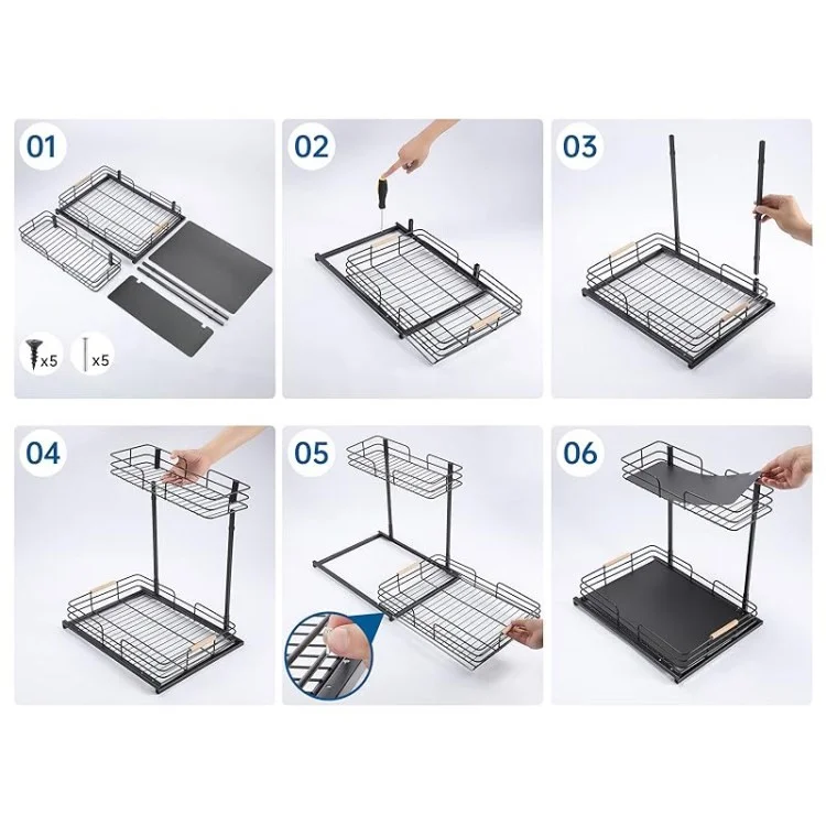 Doppelschichtküchenschrank Rack Unter Waschbecken Lager Rack Küche Arbeitsplatte Aufbewahrungsschublade Rack - Schwarz