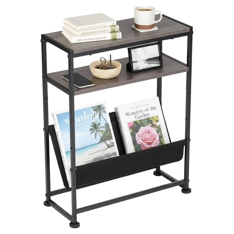 DULCII Magasinbord med metallram och tygficka i trä för hem och kontor, 40 x 16,7 x 55 cm - Grågrön