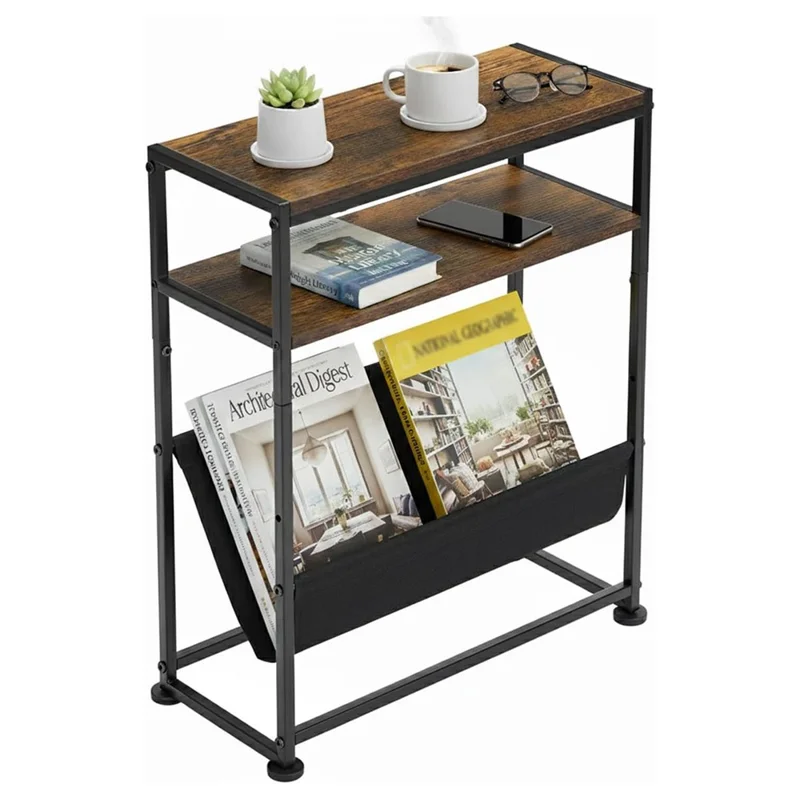 DULCII Metal Frame Wooden Magazine Organizer Table with Fabric Pocket for Home Office, 40 x 16.7 x 55cm - Rustic Brown