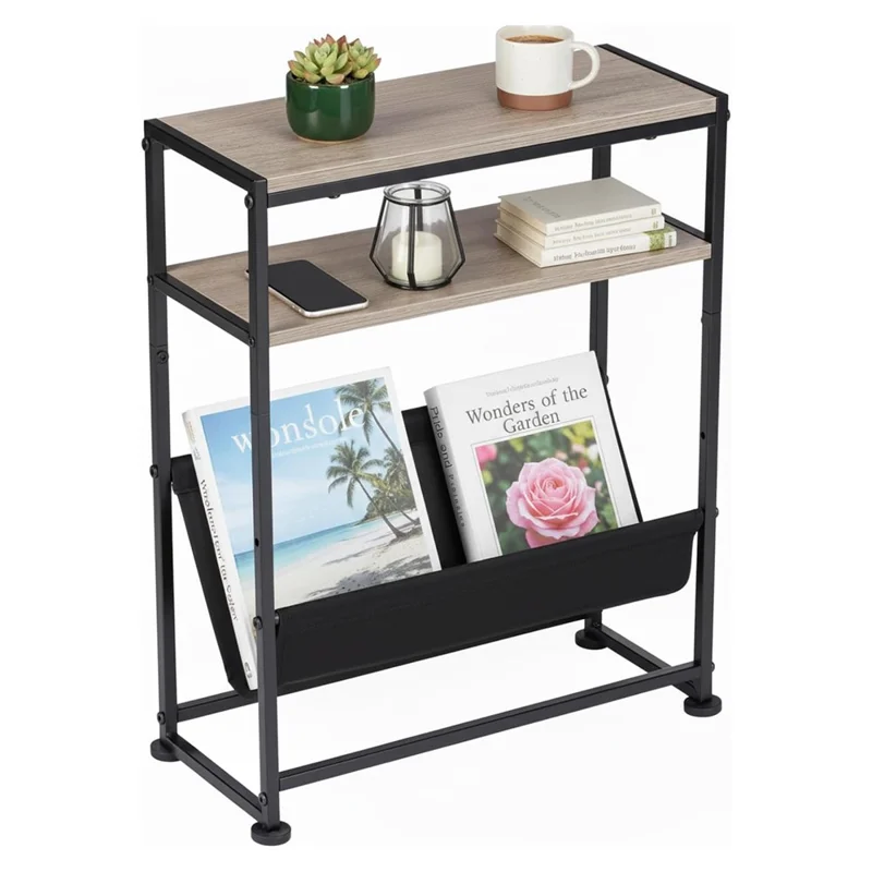 Organizador de Revistas com Estrutura de Metal e Madeira DULCII, com Bolso de Tecido para Escritório Doméstico, 40 x 16,7 x 55cm - Carvalho