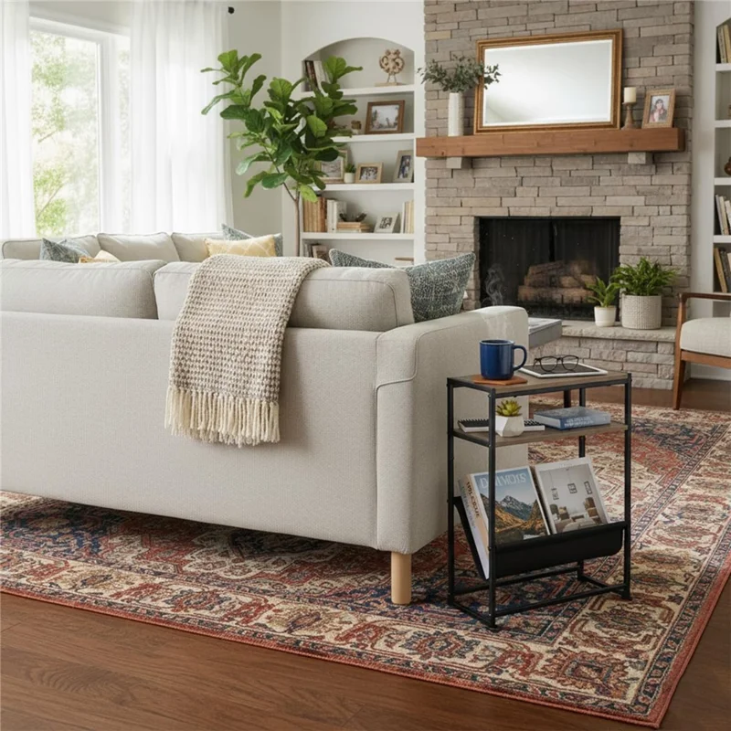 Organizador de Revistas com Estrutura de Metal e Madeira DULCII, com Bolso de Tecido para Escritório Doméstico, 40 x 16,7 x 55cm - Carvalho