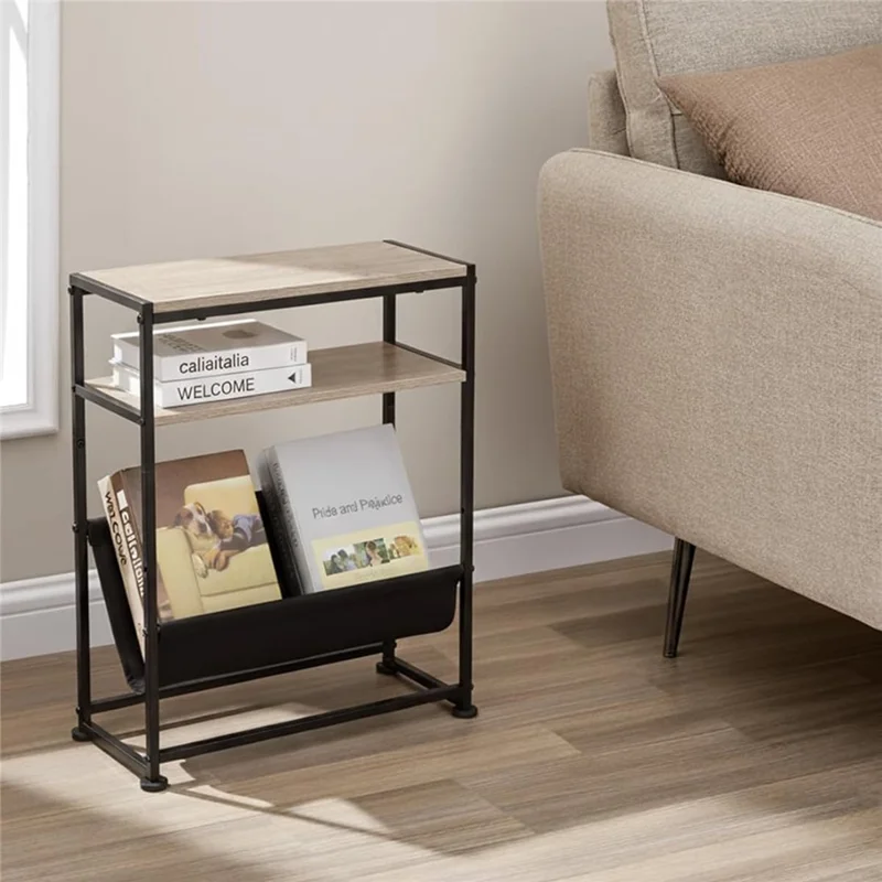 Organizador de Revistas com Estrutura de Metal e Madeira DULCII, com Bolso de Tecido para Escritório Doméstico, 40 x 16,7 x 55cm - Carvalho