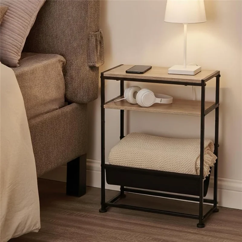 Organizador de Revistas com Estrutura de Metal e Madeira DULCII, com Bolso de Tecido para Escritório Doméstico, 40 x 16,7 x 55cm - Carvalho