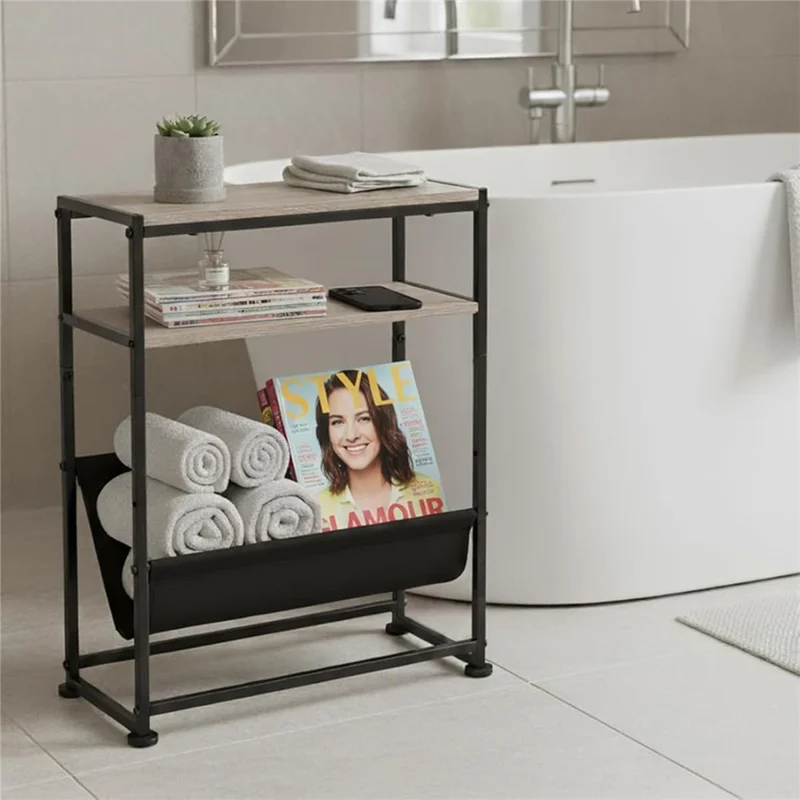 Organizador de Revistas com Estrutura de Metal e Madeira DULCII, com Bolso de Tecido para Escritório Doméstico, 40 x 16,7 x 55cm - Carvalho