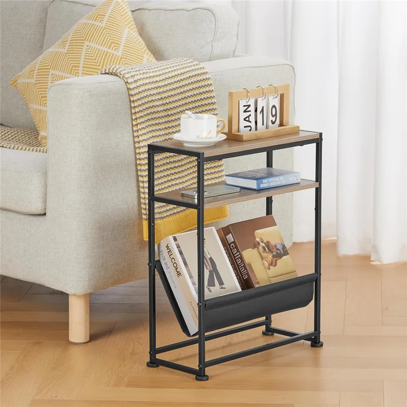 Organizador de Revistas com Estrutura de Metal e Madeira DULCII, com Bolso de Tecido para Escritório Doméstico, 40 x 16,7 x 55cm - Carvalho