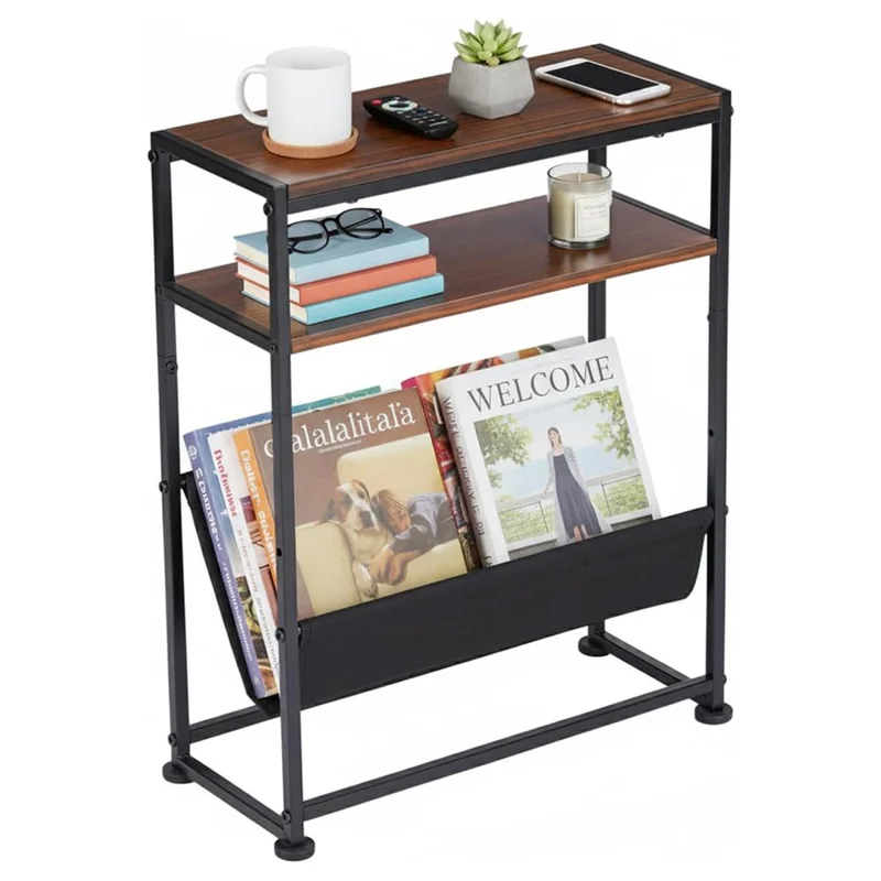 Organizador de revistas con marco de metal y madera DULCII con bolsillo de tela para oficina en casa, 40 x 16,7 x 55 cm - Cerezo