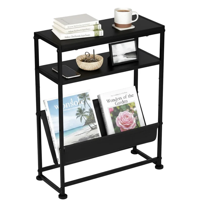 Organizador de revistas de marco de metal DULCII con bolsillo de tela para el hogar y la oficina, 40 x 16,7 x 55 cm - Nogal oscuro negro