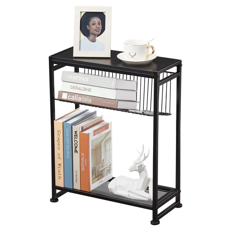 DULCII Wooden Board Magazine Table with Iron Mesh Shelf for Living Room Side End Desk, 400 x 167 x 550mm - Black Dark Walnut