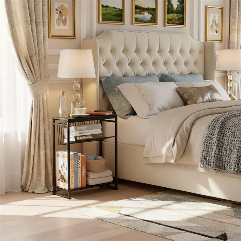 DULCII Wooden Board Magazine Table with Iron Mesh Shelf for Living Room Side End Desk, 400 x 167 x 550mm - Black Dark Walnut