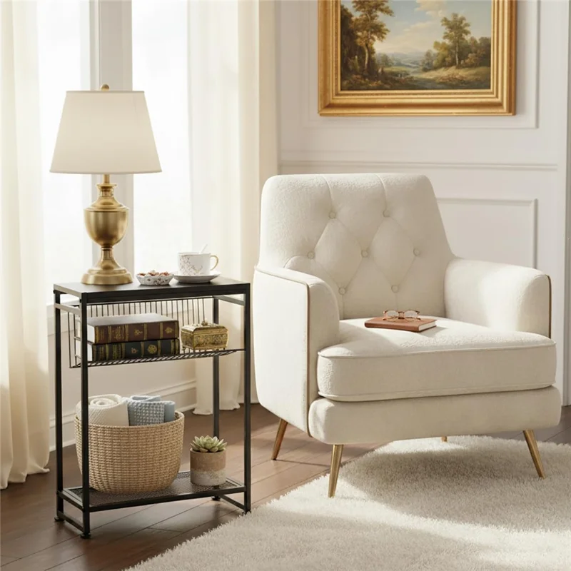 DULCII Wooden Board Magazine Table with Iron Mesh Shelf for Living Room Side End Desk, 400 x 167 x 550mm - Black Dark Walnut