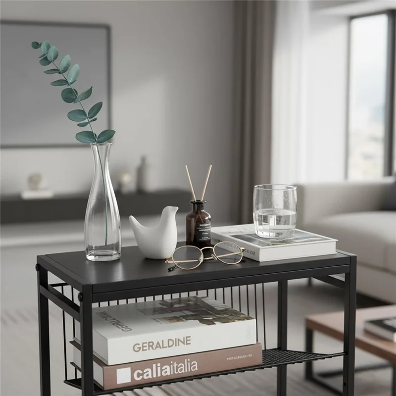 DULCII Wooden Board Magazine Table with Iron Mesh Shelf for Living Room Side End Desk, 400 x 167 x 550mm - Black Dark Walnut