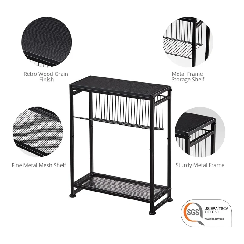 DULCII Wooden Board Magazine Table with Iron Mesh Shelf for Living Room Side End Desk, 400 x 167 x 550mm - Black Dark Walnut