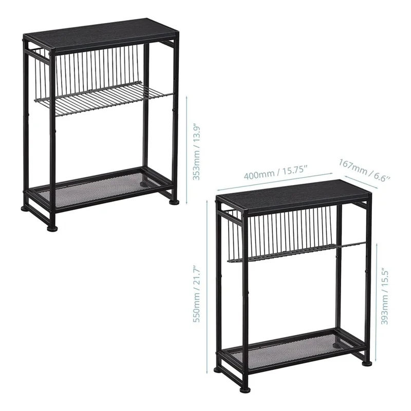 DULCII Wooden Board Magazine Table with Iron Mesh Shelf for Living Room Side End Desk, 400 x 167 x 550mm - Black Dark Walnut