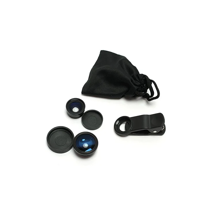 Universal Clip 3 in 1 Fisheye-lens & Wide-angle & Macro Lens Kit for iPhone / iPad / Samsung / HTC / LG Phone - Black