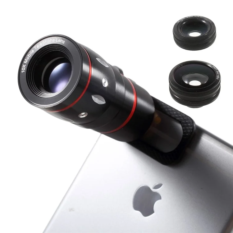Universal Clip 4 in 1 10X Telephone Lens + Fish Eye Lens + Wide-angle & Macro Lens Kit for iPhone iPad Samsung LG Etc - White