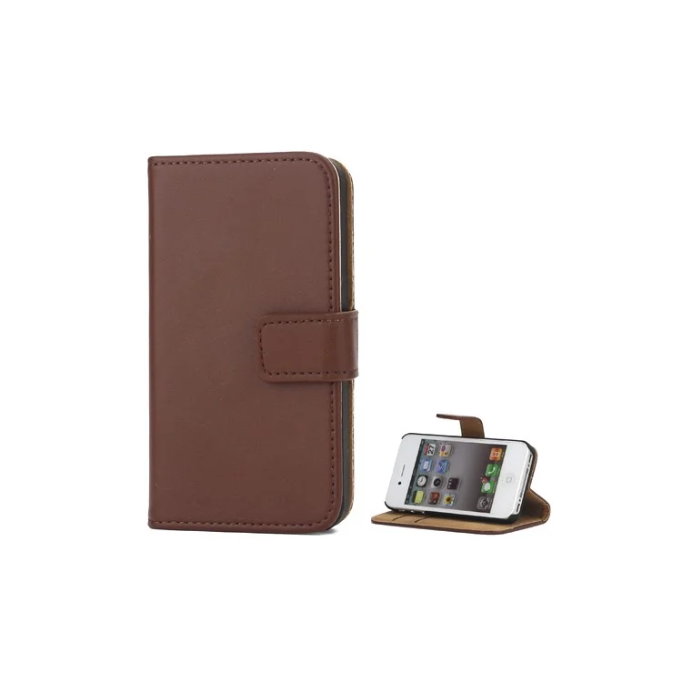 Genuine Split Leather Magnetic Folio Wallet Stand Case for iPhone 4 4S - Coffee