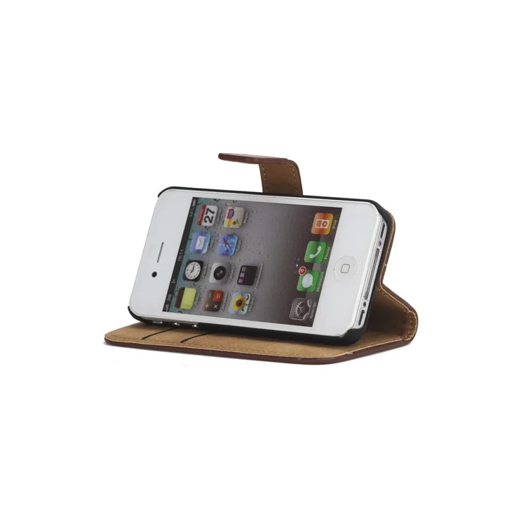 Genuine Split Leather Magnetic Folio Wallet Stand Case for iPhone 4 4S - Coffee