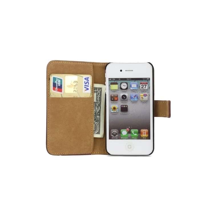 Genuine Split Leather Magnetic Folio Wallet Stand Case for iPhone 4 4S - Coffee