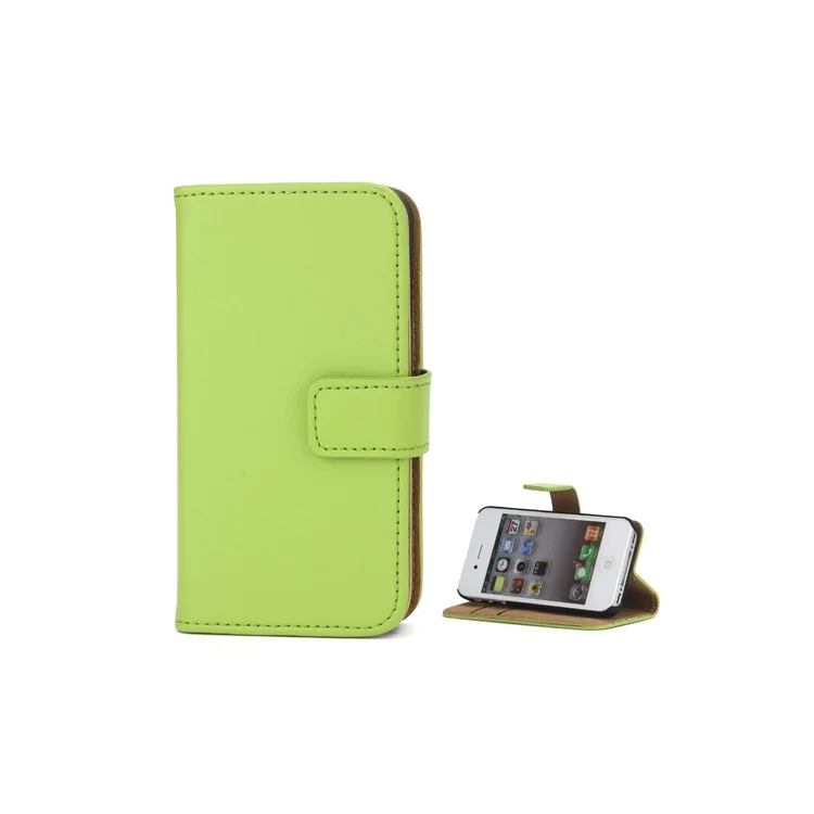 Genuine Split Leather Magnetic Folio Wallet Stand Case for iPhone 4 4S - Green