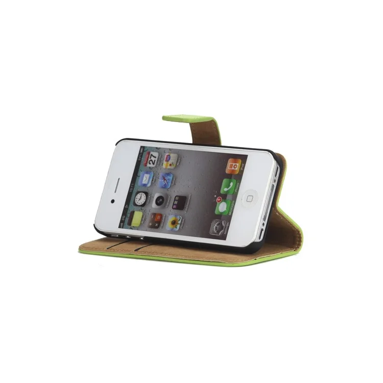 Genuine Split Leather Magnetic Folio Wallet Stand Case for iPhone 4 4S - Green