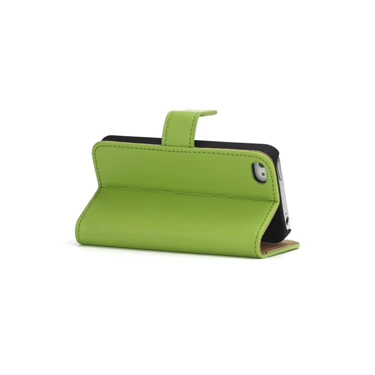 Genuine Split Leather Magnetic Folio Wallet Stand Case for iPhone 4 4S - Green
