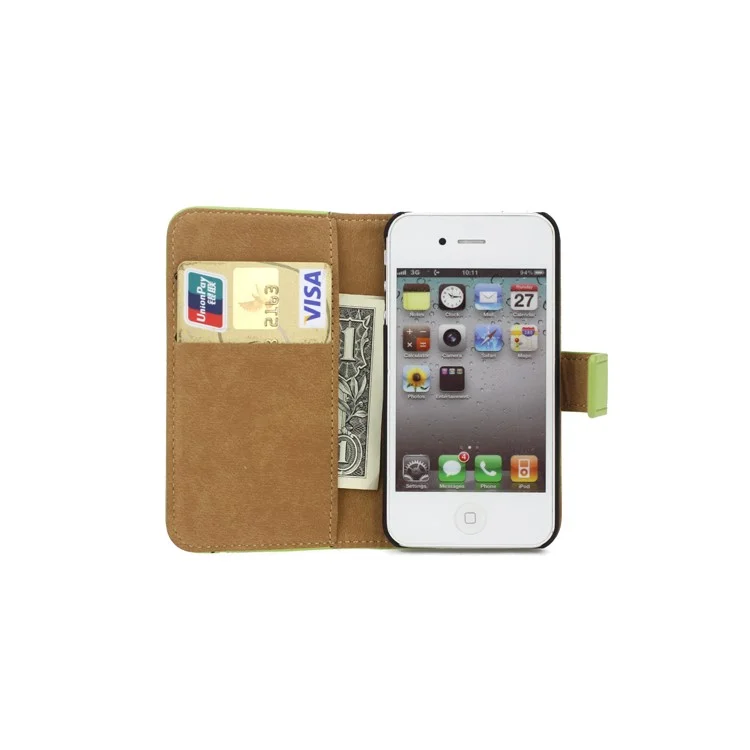 Genuine Split Leather Magnetic Folio Wallet Stand Case for iPhone 4 4S - Green