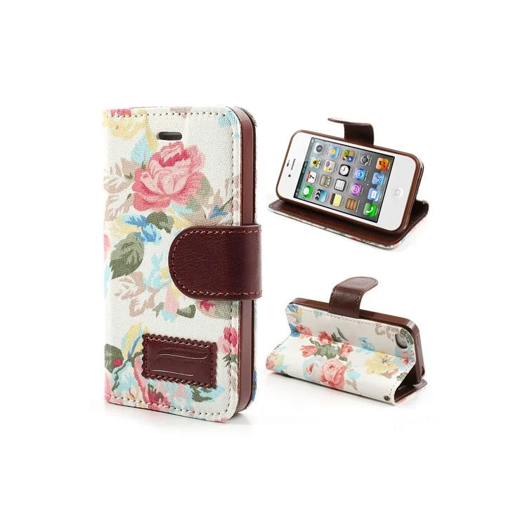 Vivid Flowers Cloth Leather Magnetic Wallet Stand Case for iPhone 4 4S - White