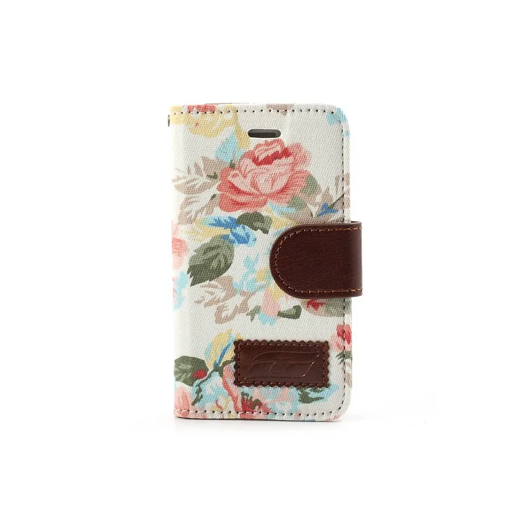 Vivid Flowers Cloth Leather Magnetic Wallet Stand Case for iPhone 4 4S - White
