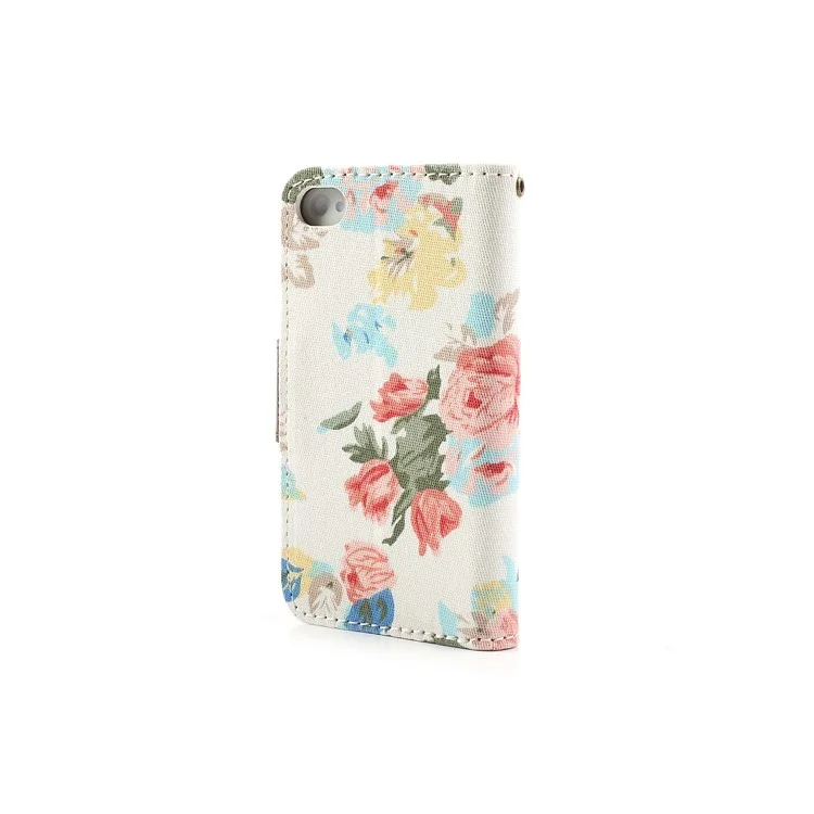 Vivid Flowers Cloth Leather Magnetic Wallet Stand Case for iPhone 4 4S - White