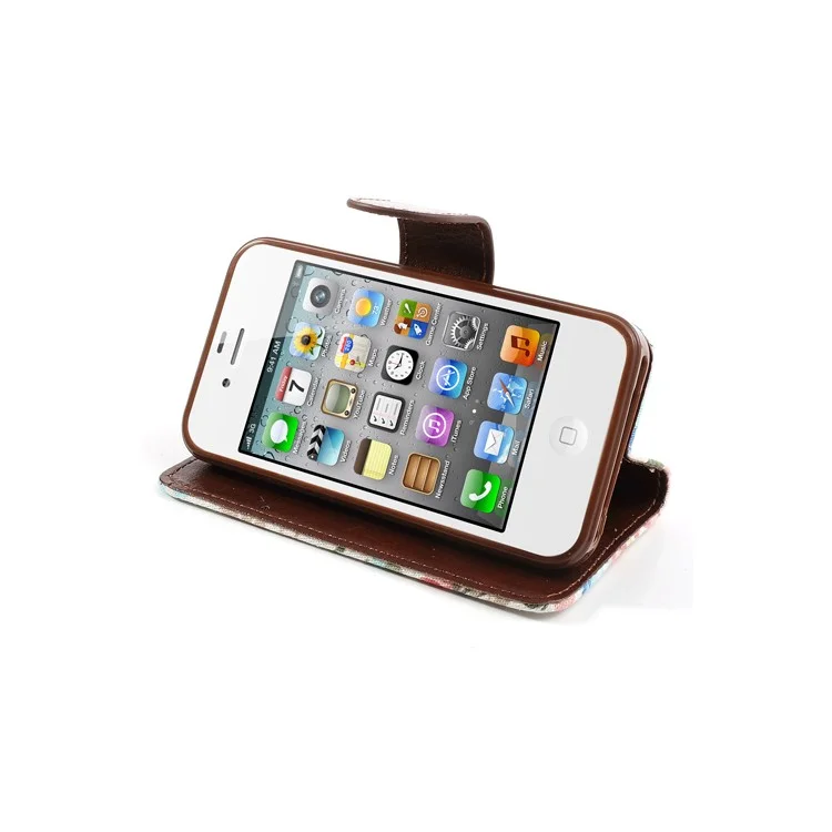 Vivid Flowers Cloth Leather Magnetic Wallet Stand Case for iPhone 4 4S - White