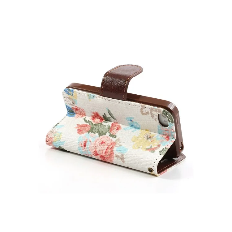 Vivid Flowers Cloth Leather Magnetic Wallet Stand Case for iPhone 4 4S - White