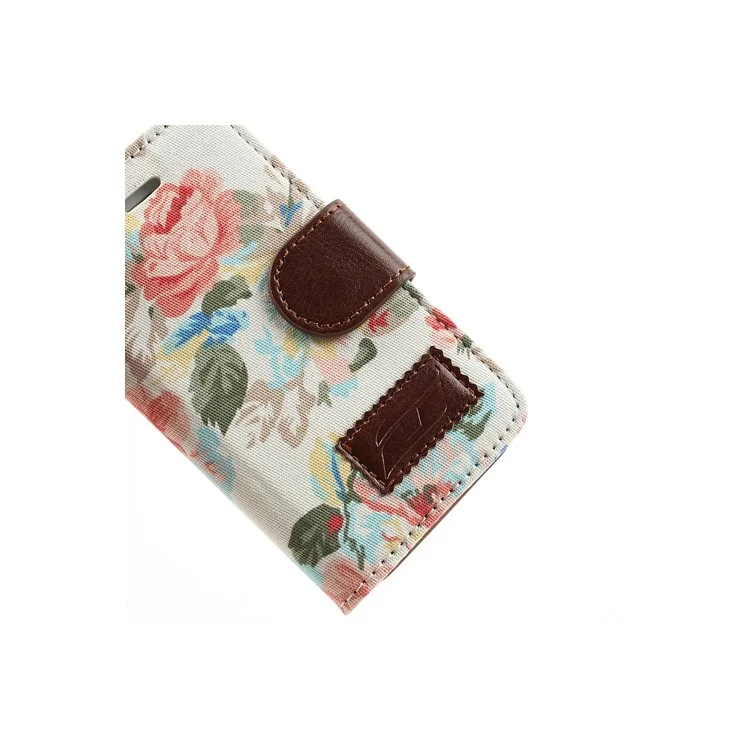 Vivid Flowers Cloth Leather Magnetic Wallet Stand Case for iPhone 4 4S - White