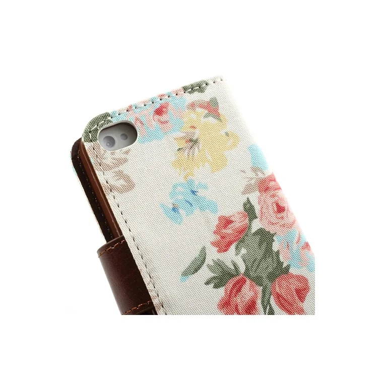 Vivid Flowers Cloth Leather Magnetic Wallet Stand Case for iPhone 4 4S - White