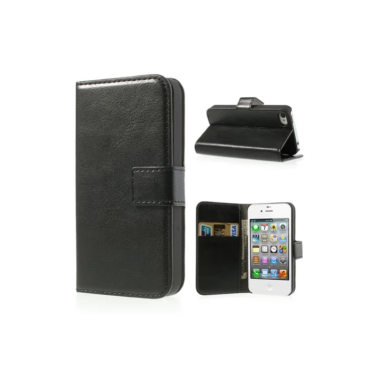Black Crazy Horse Wallet Leather Case Stand for iPhone 4 4s