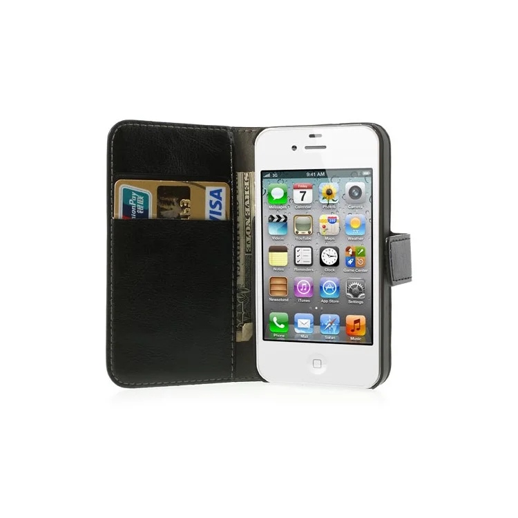 Black Crazy Horse Wallet Leather Case Stand for iPhone 4 4s